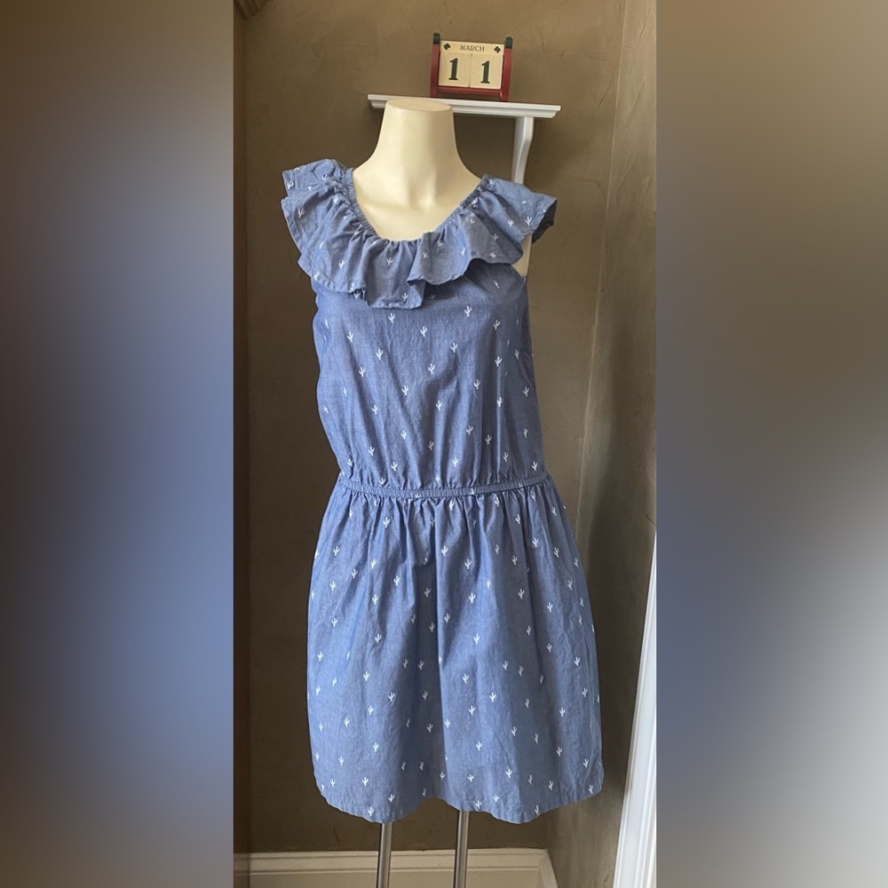 Wonder Nation Girls (XXL 18) Cactus Blue Chambray Sleeveless Ruffle Neck Dress